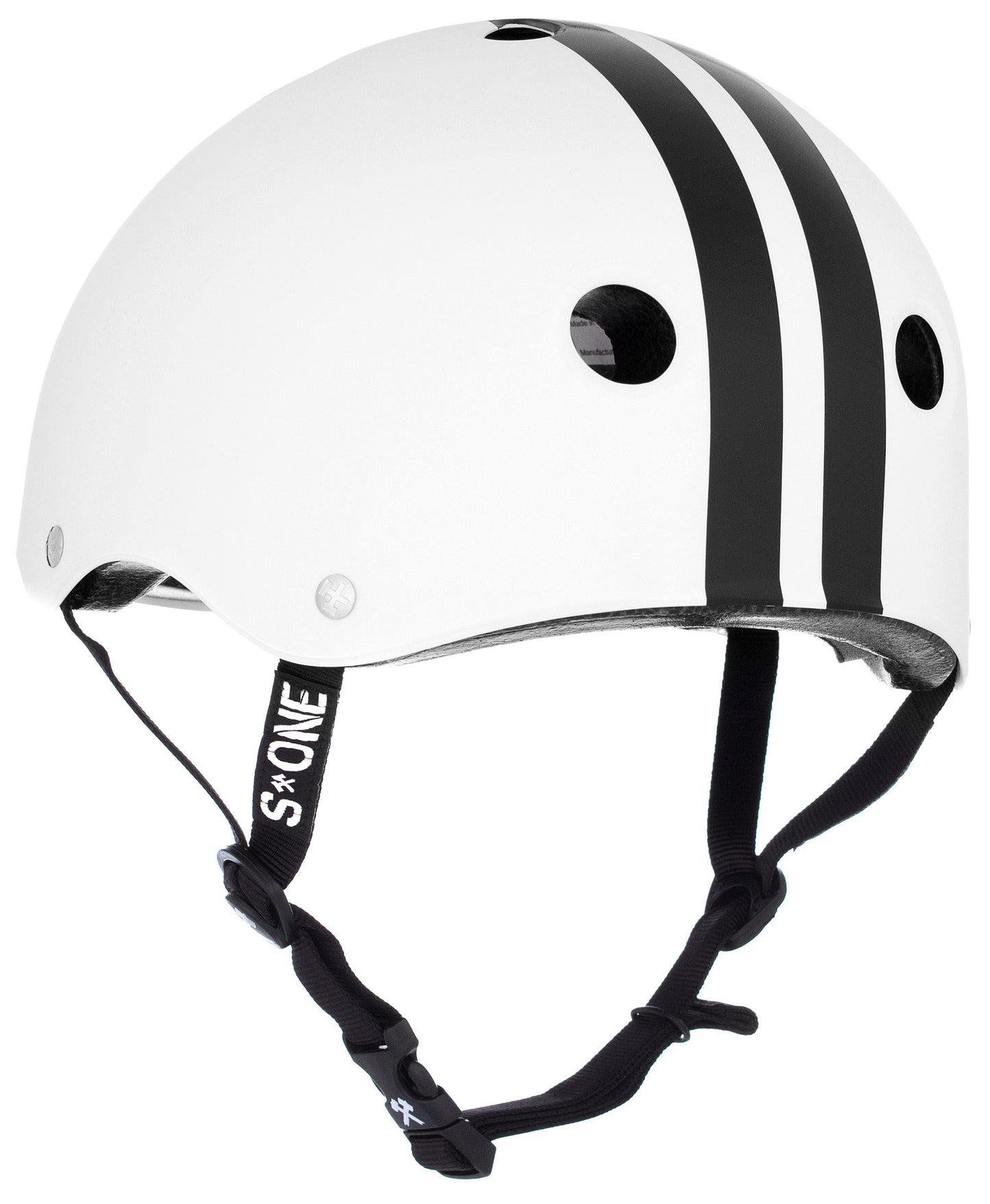 White Gloss w/ Black Stripes Skate Helmet rear 3/4 view