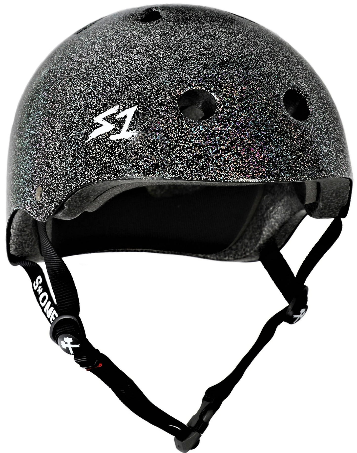 Double Black Glitter Roller Derby Helmet S1 Mega Lifer 3/4 view.