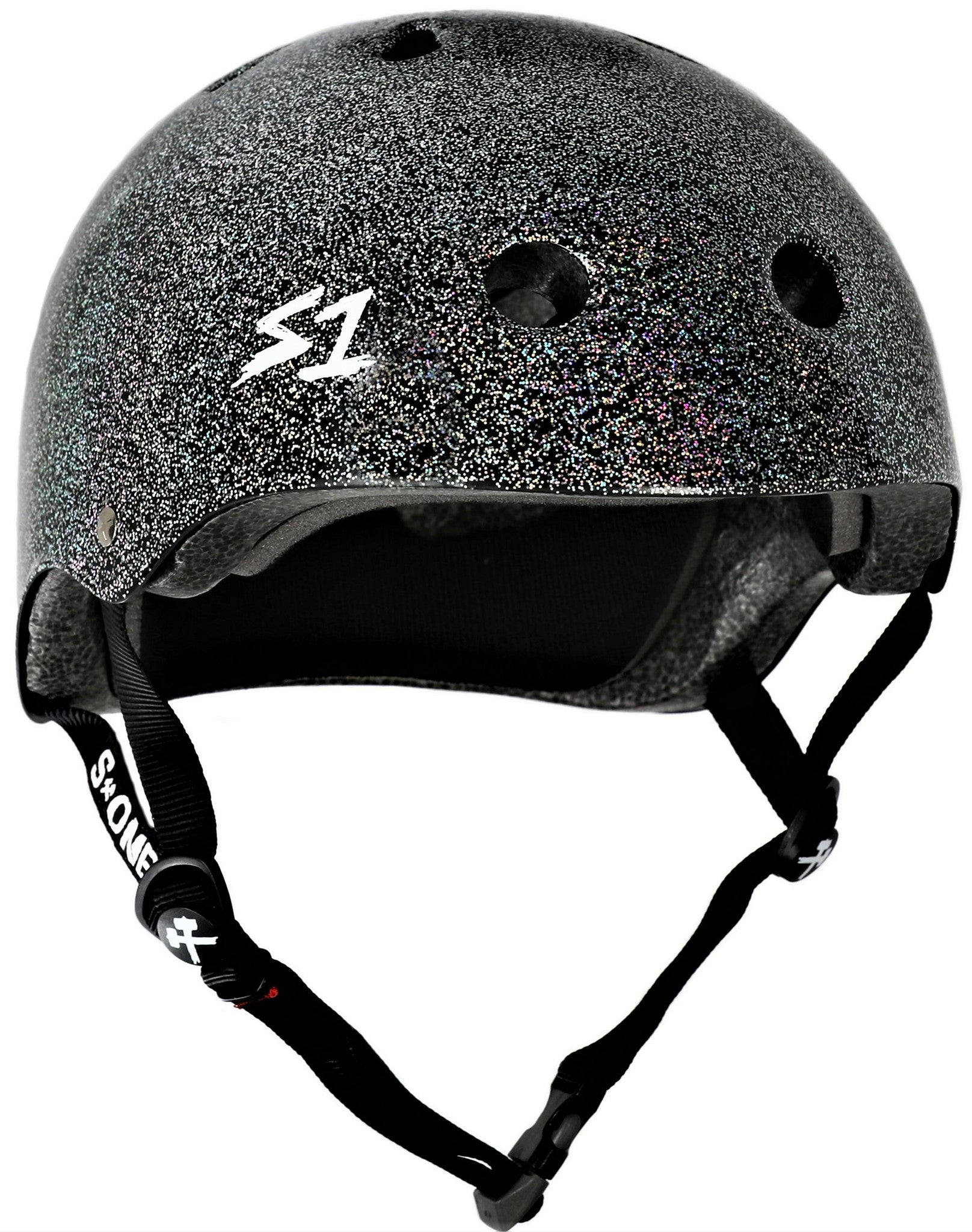 Double Black Glitter Roller Derby Helmet S1 Mega Lifer 3/4 view.