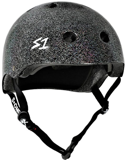 Double Black Glitter Roller Derby Helmet S1 Mega Lifer 3/4 view.
