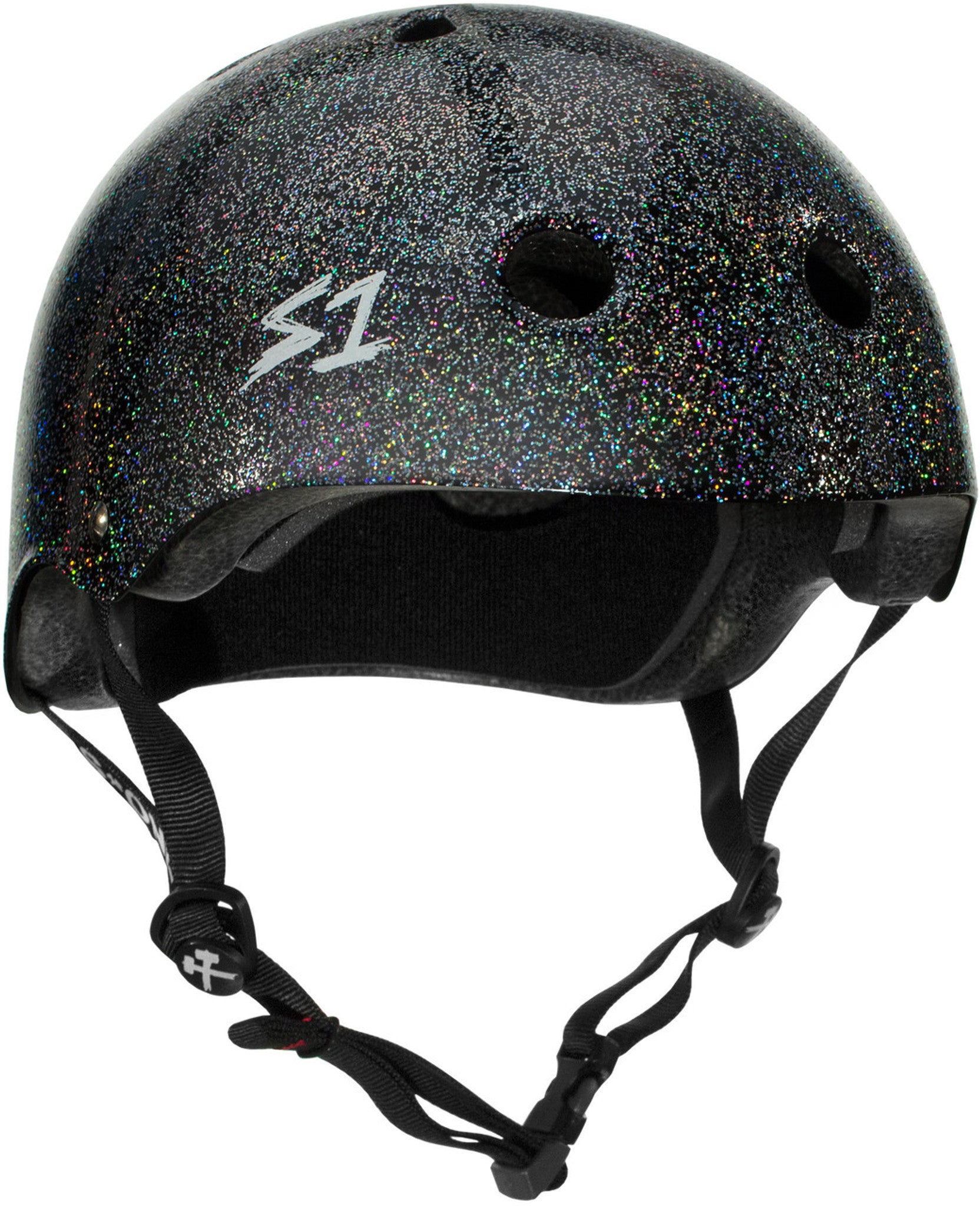 Black Glitter Roller Derby Helmet S1 Mega Lifer 3/4 view.