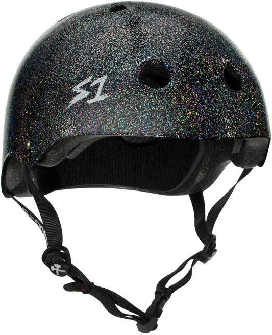Black Glitter Roller Derby Helmet S1 Mega Lifer 3/4 view.